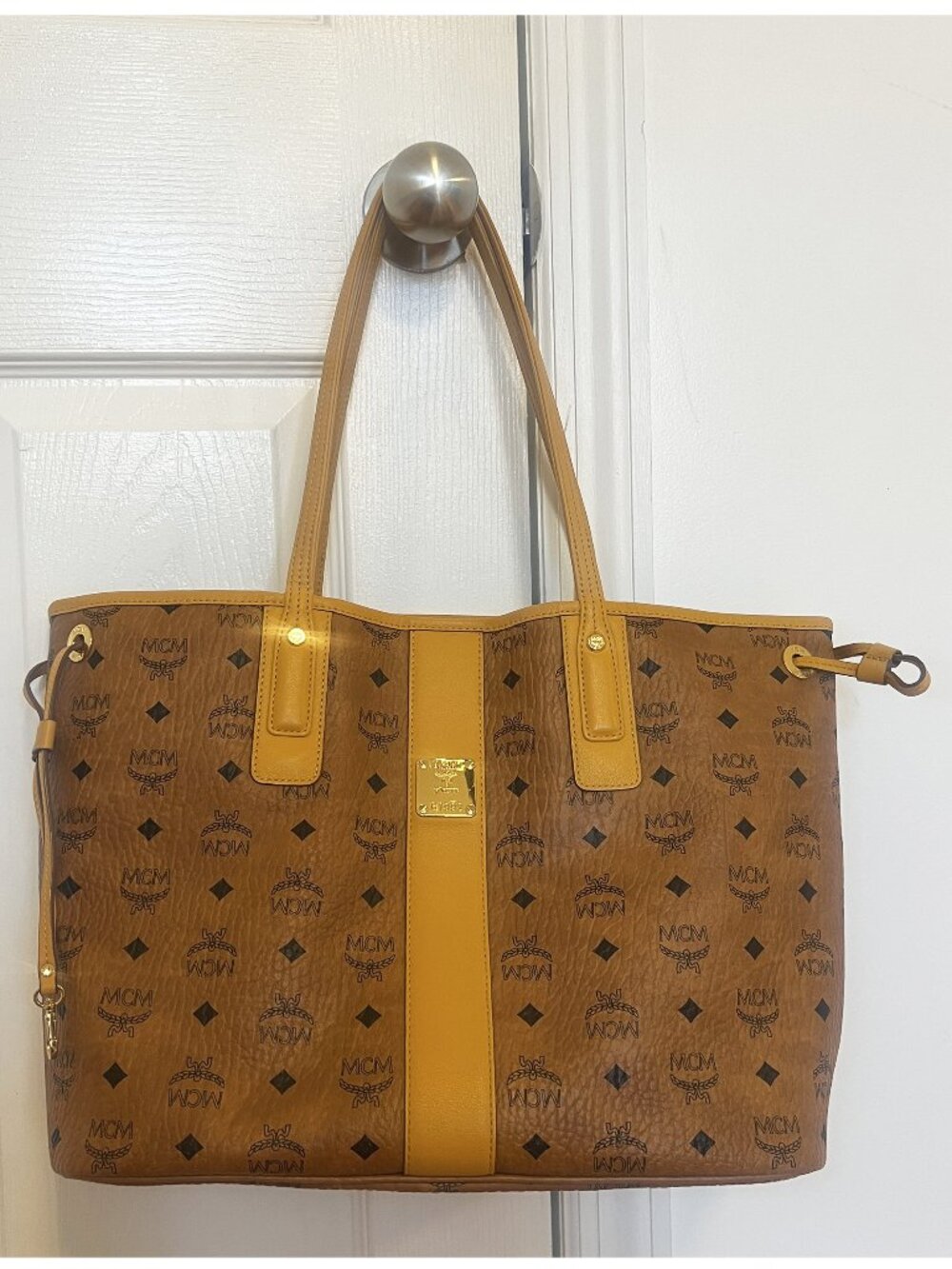 MCM Liz Reversible Tote - Visetos Logo Cognac Brown + Mango Yellow